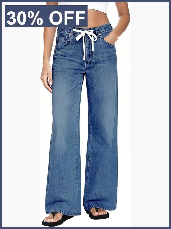 Denim - High Waist Wide Leg Jeans with Drawstring Stretchy Denim Pants